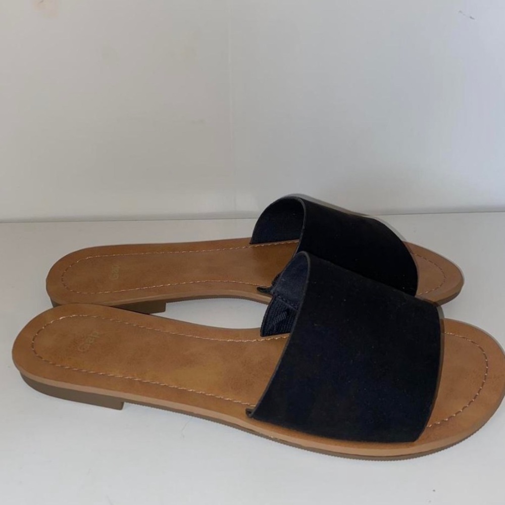 cute black suede flat slip on slides/sandals